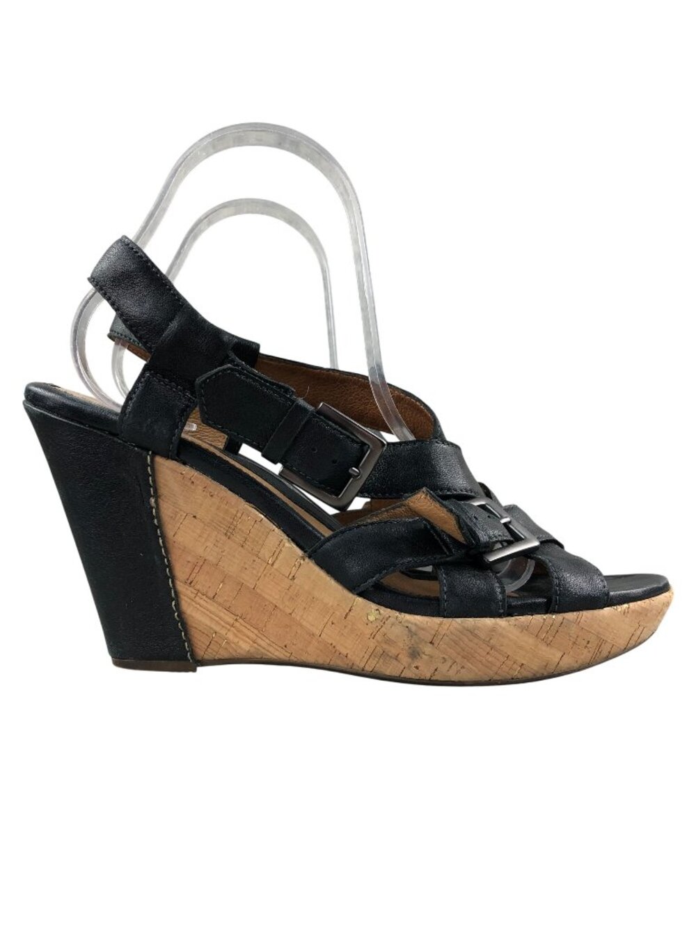 Sofft Women's Size 10M Black Leather Open Toe Wedge Buckle Strappy Sandals FAIR